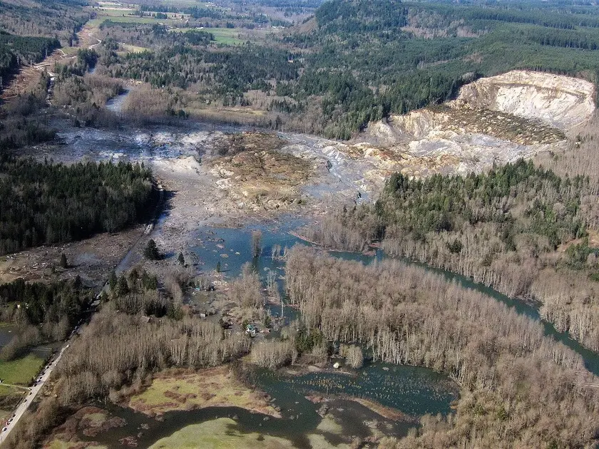 Hillside after a landslide, from the air